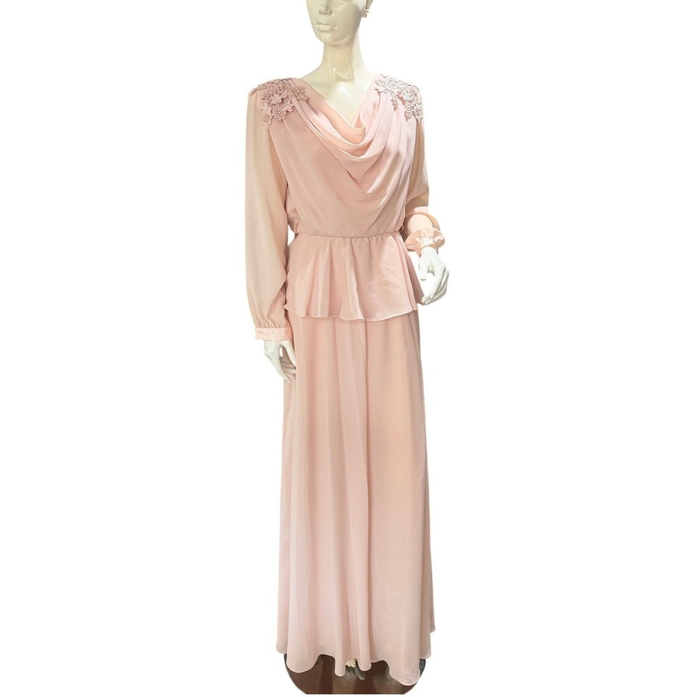 Ursula of Switzerland Pink Chiffon Maxi Dress Lace Pearl Peplum 7/8